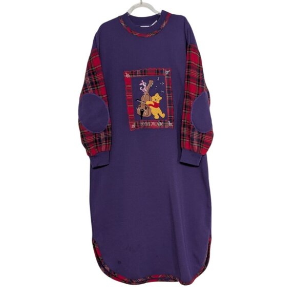 Vintage Pooh Piglet Music Nightgown Womens Size Large Purple Plaid Sleepwear - Picture 1 of 10